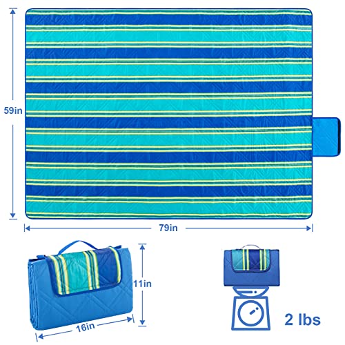 Bertte Outdoor Picnic Blanket, Extra Large Beach Blanket, Foldable Lightweight Waterproof Sand Free Rug, Indoor Child Playing Mat (79 in x 59 in) for Beach Camping Hiking BBQ Park Patio, Blue Stripe