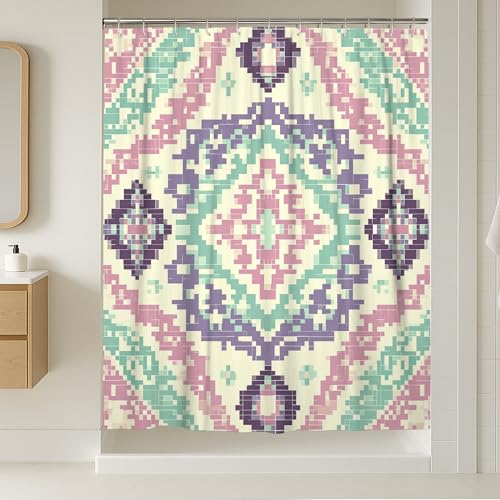 Geometric Shower Curtain, Pastel Violet Aqua Beige Pattern Bathroom Decor, Modern Minimalistic Home Watercolor Design for Spring Summer, Stylish Indoor Waterproof Fabric with Hooks 72x96 Inch