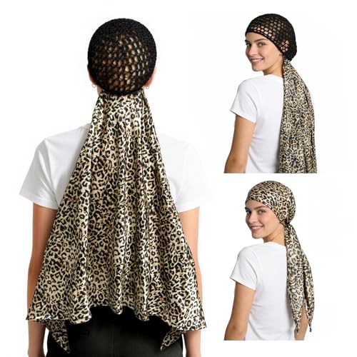 Wrap Cap Hair Net And Scarf, 2 In 1 Heatless Silk Press Wrap For Hair, Adjustable Silk Shower Cap For Sleeping, Hair Wraps Net For Women Black Hair Care, Wraps Cap Bonnet Attached,Durag, Leopard