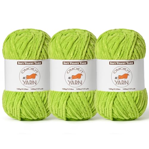 Image of 3 Pack Lime Green Fluffy Velvet Yarn for Crocheting, Chunky Chenille Baby Blanket Yarn for Crocheting, Soft Fuzzy Puzzle Yarn for Knitting, (100g /3.53oz Each) Bulky Thick Amigurumi Crochet Yarns