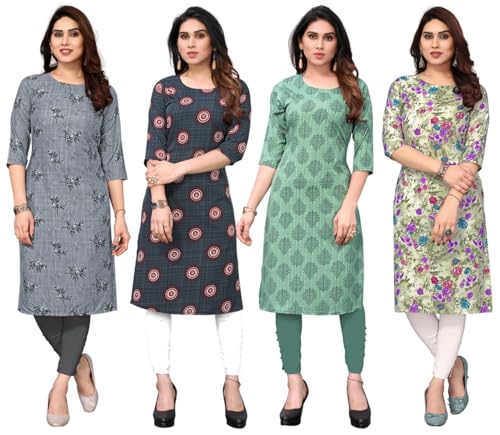 Image of JAKHANA Women's Crepe Printed Casual Straight Calf Length Round Nick Kurta Pack of 4