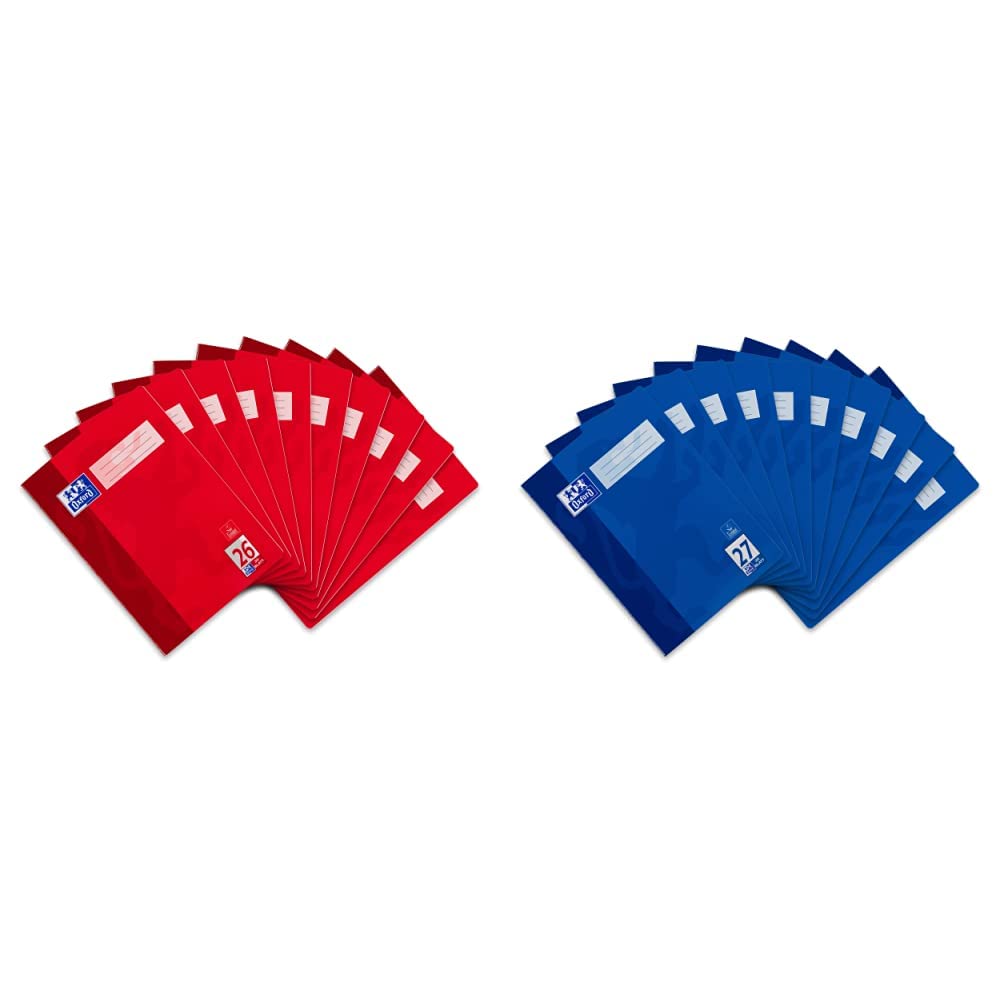 Oxford Schulheft A4, kariert, mit weißem Rand, 32 Blatt, rot, 10 Stück & Schulheft A4, liniert, mit Doppelrand, 32 Blatt, blau, 10 Stück