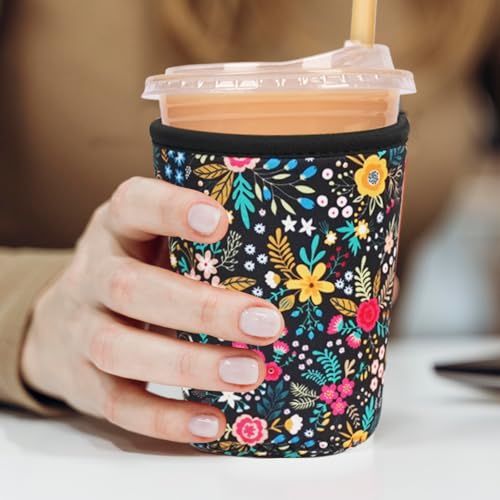 Image of Reusable Insulated Neoprene Iced Coffee Cup Sleeve, Durable Drink Sleeve for Cold Beverages, Beverage Holder for Iced Coffee, Lush Blossom