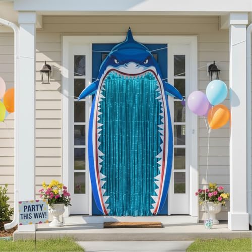 Bafeil Shark Party Door Banner Decorations with Blue Foil Fringe Curtains