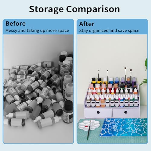 Image of Krafetto Miniatures Paint & Paintbrush Storage Organizer Rack, Craft Paints Holder with Drawer, 43 Holes for Model Paint, 16 Holes for 2 oz Paints, 22 Holes for Brush