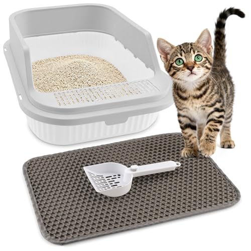 Vexillic Katzenklo Offen Hoher Rand,Katzentoilette Ohne Deckel,Katzenklo Groß Kitten mit Matte und Schaufel 42x29x16 cm