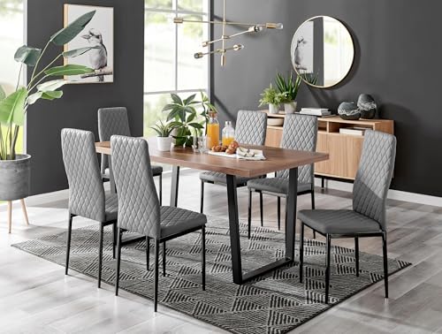 Furniturebox UK Dining Set - Kylo 160cm Large Brown Wood Effect 6 Seater Industrial Dining Table & 6 Grey Faux Leather Black Leg Milan Dining Chairs