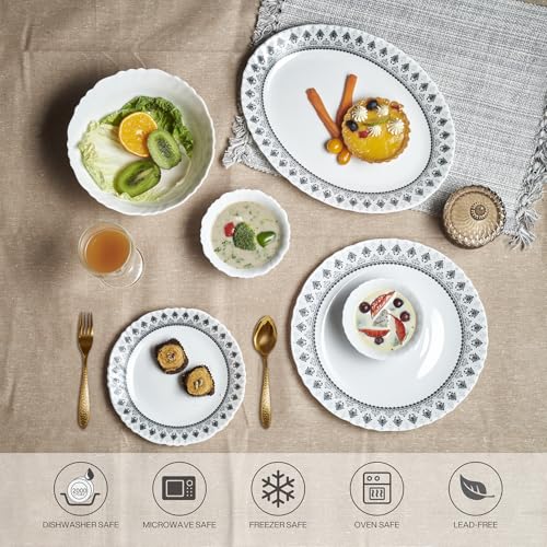 Image of CELLO Damask Imperial Plus Series Opalware Dinner Set of 27 Pieces For Family of 6 | Bone-Ash Free & Leadfree Opal Glass Microwave & Dishwasher Safe Crockery Plates & Bowls Set For Daily Use & Gifting