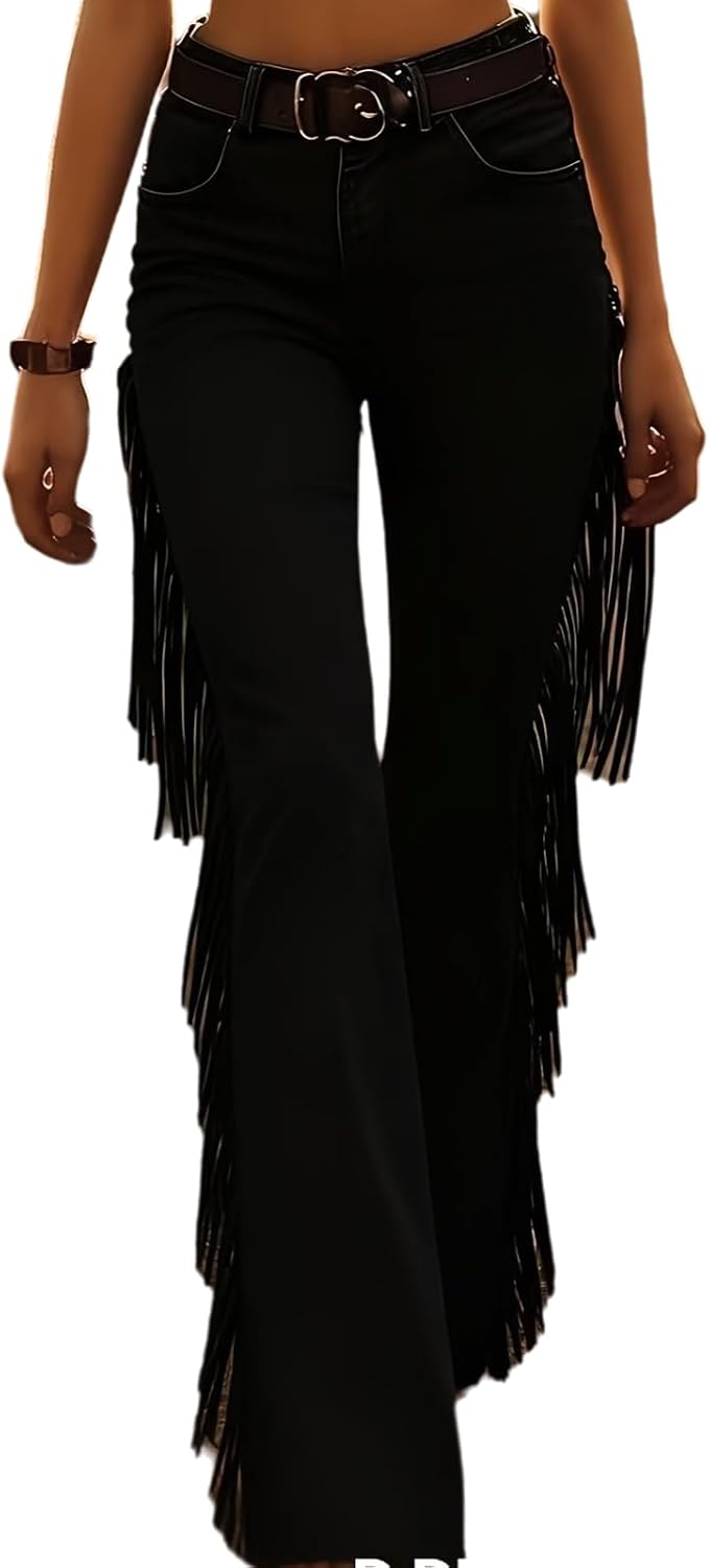 Fringe Pants for Women Faux Suede Tassel Stretchy Vintage Western Outfits Flared Pants Cowgirl Outfits for Women