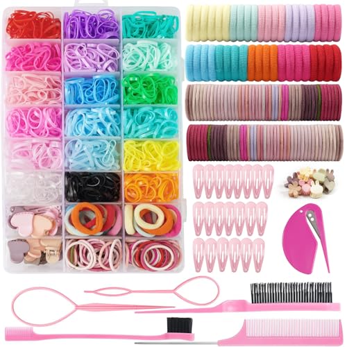 JOYOYO Toddler Hair Accessories Set with Durable Storage Box - 1600 Pcs Elastic Hair Bands for Toddlers Baby Girl Snap Hair Clips Small Claw Clips Pin Tail Comb Set