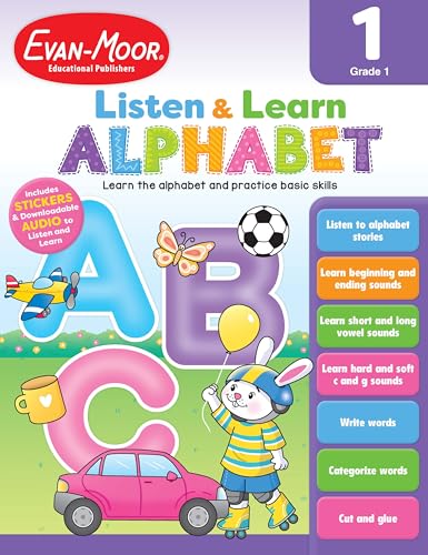 Evan-Moor Listen and Learn Alphabet, Grade 1 Activity Workbook, Includes Stickers and Audio Read Alongs, Basic Skills, Writing Letters, Phonics Game, Art Projects, Maze, Homeschool, Coloring, Reading