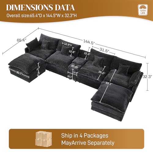 Image of 145 inch Oversized U Shaped Modular Sectional Sofa with Ottoman, Comfy Fluffy Soft Corduroy, Large Cloud Couch with USB Port, Cup Holder and Storage Central Console for Living Room, Deep Grey