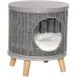 Pawhut Cueva para Gatos de Ratán Ø36x40,5 cm Cesta para Gatos Rolliza con Cojín Lavable Plataforma y Patas de Madera de Pino Extraíble Gris
