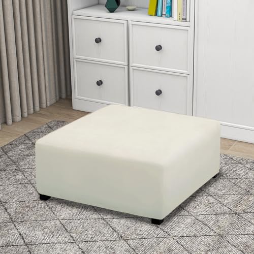Image of PureFit Super Stretch Form Fit Square Ottoman Cover Rectangle - Ottoman Slipcovers for Foot Stool & Folding Storage Furniture for Living Room with Nonslip Elastic Bottom (Medium-XL, Ivory)