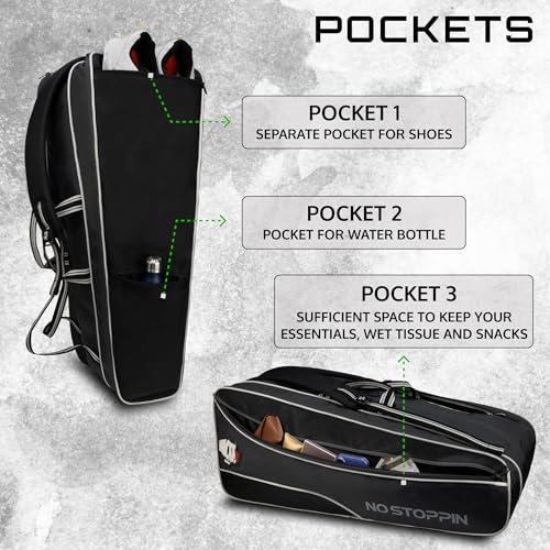 Image of WHACKK Vanguard Tennis & Badminton Bag | Large 3 Zipper Compartment Racket Kit Bag | Lightweight Sports Bag for Practice; Matches & Travel (Black Grey)