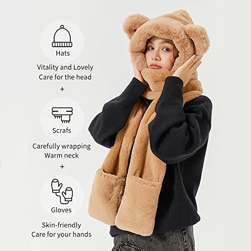 OHYOGA 3 in 1 Women Animal Hooded Scarf With Pockets Soft Winter Warm Plush Bear Hat Faux Fur Long Scarf Gloves Set SLH2T1384