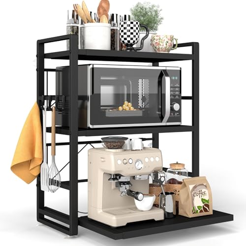 BeSokar 3-Tier Microwave Rack - Height Adjustable & Extendable Kitchen Shelf with Drawer - Carbon Steel - Includes Hooks & Reinforcement Suction Cups, Baker's Rack (Black)