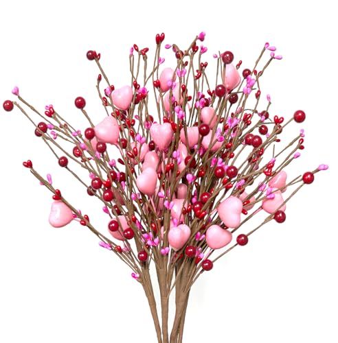 Greenke Mothers Day Decoration Pink Heart Picks Floral Gifts for Mom Birthday Table Decor Pink Hearts & Red Berry Picks for Valentines Day Wedding Candlelight Anniversary Dinner Vase Decor