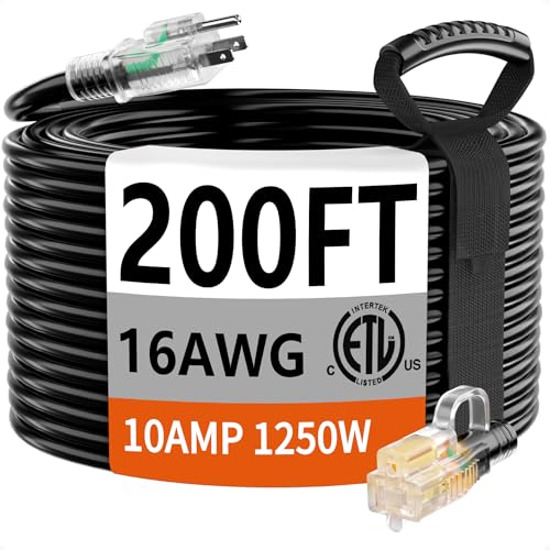 HUANCHAIN 200 ft 16/3 Gauge Extension Cord Outdoor Waterproof with Lighted end Flexible Cold-Resistant 3 Prong Long Black Extension Cord Outside 10A 1250W 16AWG SJTW ETL