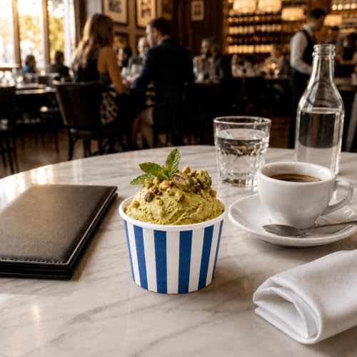 Image of Restaurantware Coppetta 4-Ounce Dessert Cups, 200 Disposable Ice Cream Cups - Lids Sold Separately, Heavy-Duty, Blue And White Paper Frozen Yogurt Bowls, For Hot And Cold Foods