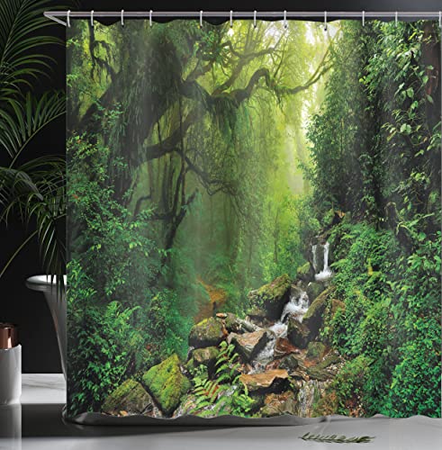 ABAKUHAUS Nature Shower Curtain, Woods Idyllic Forest Greenland Dreamy Mystic Fresh Tropical View - Image 3