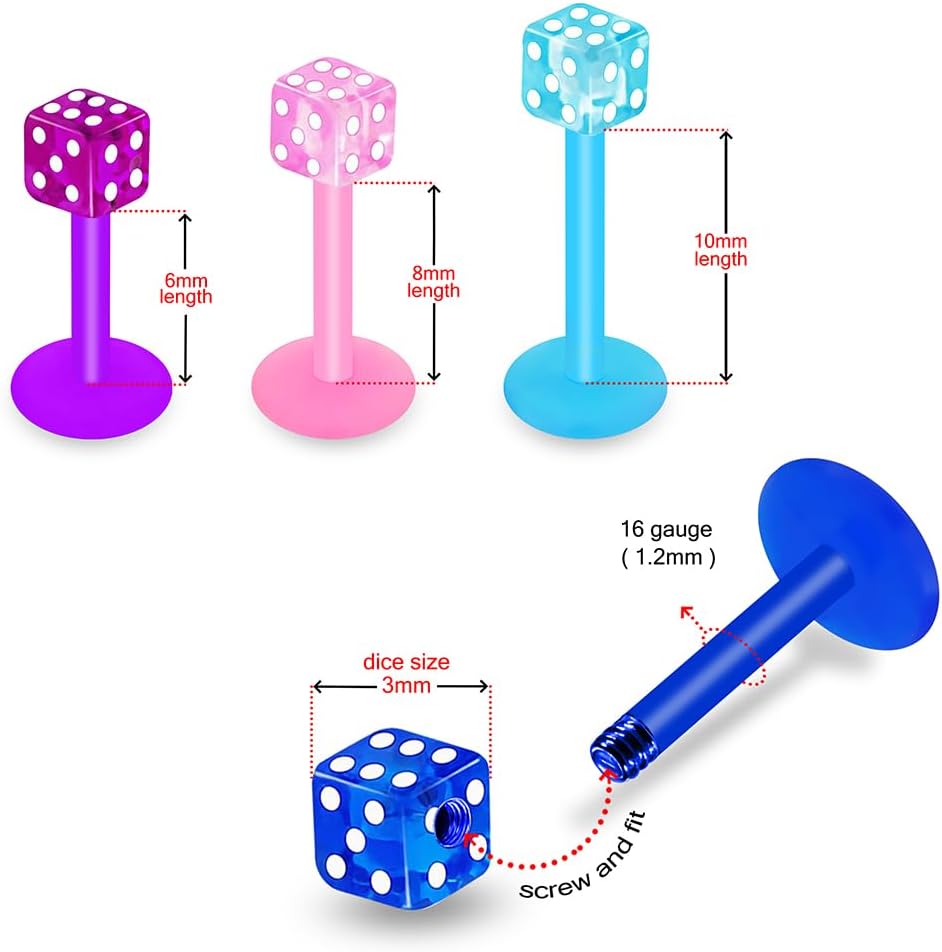 3mm UV Dice Top with UV Bio Flexible 16 Gauge - 6mm, 8mm, 10mm Length Lip Labret - Flat Back Lip Stud - Tragus Earring - Cartilage, Helix - Tragus Piercing Jewelry