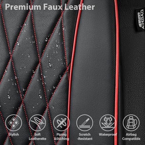 Image of CAR PASS Piping Luxury PU Leather Two Front Car Seat Covers, Waterproof Anti Slip Seat Covers Compatible with Front Seat Armrests,Universal Fit for Suvs,Vans,Trucks,Airbag Compatible(Black and Red)