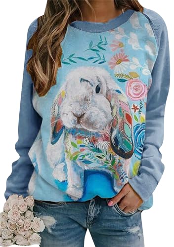 Image of Women's Easter Basic Sweatshirt Crew Neck Long Sleeve Sweatshirt Casual Loose Sweatshirt with Rabbit Print