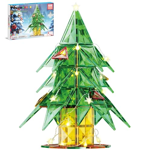 PicassoTiles 106pc Magnetic Tiles LED Light-Up Tree Toy Holiday STEM Toys for Kids Educational Magnet Building Blocks Gift for Toddlers Boys Girls Christmas Montessori Puzzle Play Set Ages 3+ PT106