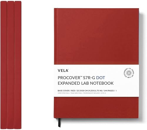 Vela Sciences S7R ProCover - Cuaderno de laboratorio expandido, 9.25 x 11.75 pulgadas (9.3 x 11.8 in), 144 páginas, cuero sintético rojo,