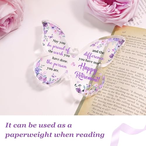 Image of Gifzy Unique Retirement Gift for Woman Men, 5x5x0.5 Inch Purple Butterfly Acrylic Plaque Decor with Warm Words, Best Retirement Gifts for Coworker Teacher Friend Nurse Boss