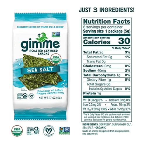 Image of gimMe Seaweed, Sea Salt, 6 Count, Pack of 2 | Organic | Keto & Vegan | Gluten Free | Source of Iodine
