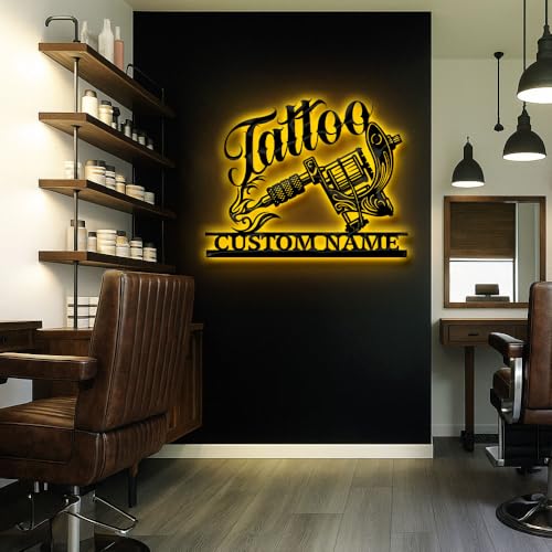 Custom Tattoo Studio Metal Sign – Personalized Neon-Inspired Wall Decor with Name Text for Tattoo Shops, Studios, and Artists – Retro Laser Cut Black Steel Wall Art for Parlors and Ink Rooms (T1)