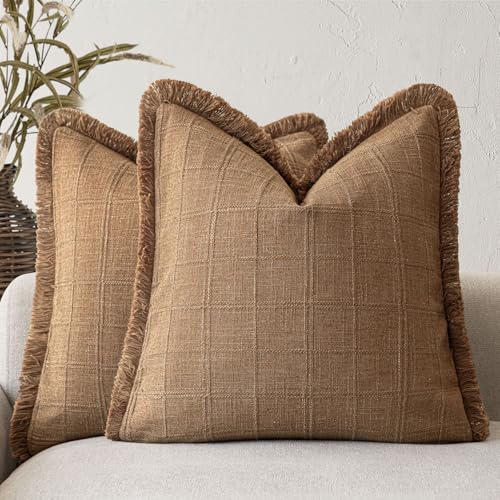 Image of Foindtower Set of 2 Decorative Linen Check Fringe Throw Pillow Covers Farmhouse Vintage Cushion Covers Modern Boho Home Decor for Sofa Chair Couch Bedroom Living Room Outdoor,24x24 Inch,Brick Red