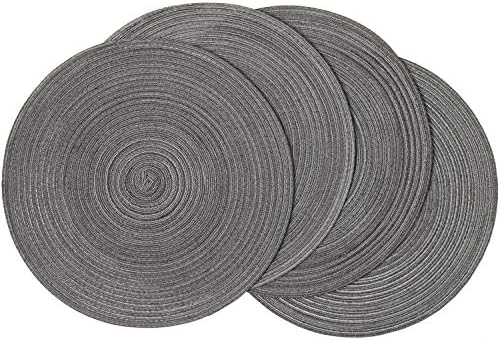 SHACOS Round Placemats Set of 4 Round Braided Placemats 15 inch Cotton Polyester Woven Table Placemats for Dining Table Holiday Party (Black Grey, 4)