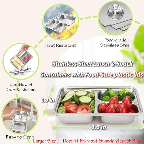 Image of Stainless Steel Snack Containers with Plastic Lids - 3 Pack - 3 Compartments Bento Snack Boxes - Large Reusable Meal Prep for Kids Adult - Divided Food Storage Container for School, Lunch, Home Travel