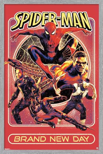 Marvel Spider-Man: Brand New Day (2026) - Retro One Sheet Wall Poster, 22.4L" x 14.7W", Gray Framed Version