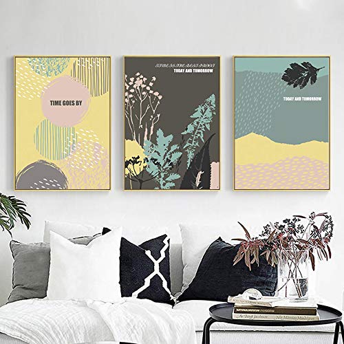 Toile peinture plantes jaune et gris grand format 40x60cm x3 décoration murale salon