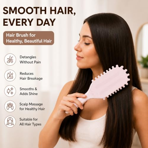 Image of GLUN Unisex Detangling Head Hair Brush, Beige Colour 1 Piece, Anti-Static Scalp Massage Brush, Soft Flexible Bristles, Smooth Styling Hairbrush for Wet & Dry Hair