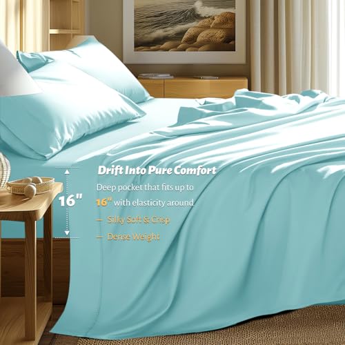 Shilucheng 100% Egyptian Cotton Queen Size Sheets Set - 1000 Thread Count，Luxury Cotton Bed Sheets，Breathable & Cooling Bedding and Pillow Cases, 16 Inch Deep Pocket - 4 Piece (Spa Blue, Queen)