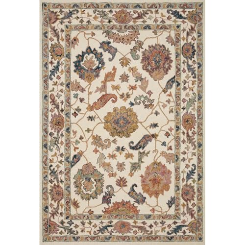 Image of Hand-Tufted Wool Carpet for Living Room 6x8 feet Ivory Multicolor Traditional Design Anti-Skid High Pile Thick Carpet & Rugs for Bedroom & Hall