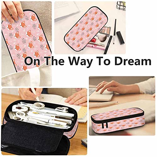 Image of Yekiua Cute Fox Pencil Pouch Floral Dots Leaves High Capacity Pencil Case Stationary Bag Cosmetics Bag Pink