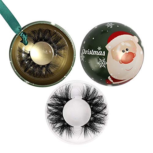 Yawamica 22MM Real Mink Eyelashes Dramatic Thick False Lashes Pack 5D Fluffy Volume False Eyelashes Full Long Wispy Soft Fake Eyelashes Christams Theme Ornament 1 Pair Eyelashes Pack