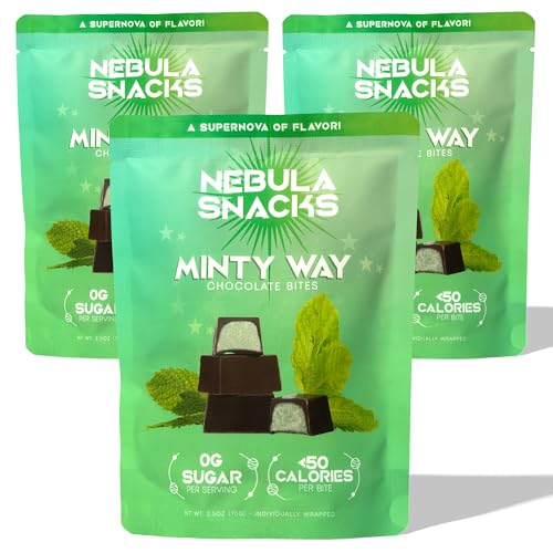 Nebula Snacks Minty Way Chocolate Bites – Zero Sugar Dark Chocolate Bites with Cool White Chocolate Mint Core, Non-Glycemic, Keto-Friendly, Dairy-Free, and Gluten-Free – 3 Pack