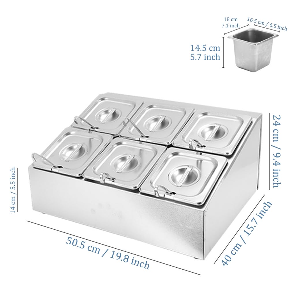 Juego de especias de acero inoxidable con estante organizador inclinado, incluye 6 sartenes y 6 cucharones para salsas, ingredientes, frutas y aderezos