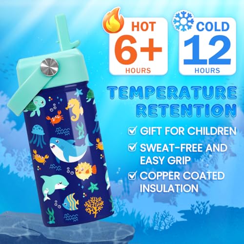Image of SANDJEST Kids Water Bottle with Straw Lid - 12 Oz Insulated Stainless Steel Ocean Water Bottles for Kid Boys Girls - Travel Cup for School Sports