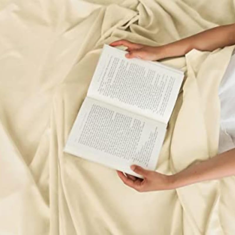 Image of Queen Size Bedsheets for Single Bed 600 TC - Cotton Elastic Fitted Sheet (60 x 72 Inches) with 10 Inch Drop- Color Ivory Solid [ Fitted Sheet with 2 Pillow Cover]