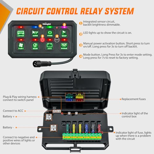 Image of Nilight 8 Gang Switch Panel Green 12V 24V Circuit Control System 4-Mode | Fuse Wiring Harness Automatic Dimmable LED Pod Toggle /Momentary /Strobe /Flash Modes for Car Pickup Truck Camper SUV