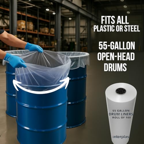 Image of Interplas 55 Gallon Drum Liners - 3 Mil LDPE - BPA-Free Barrel Liners - 38 inchx65 inch - 100 Count - Flexible, Clean and Leak-Resistant Bulk Packaging-Liners for General Industrial Use.