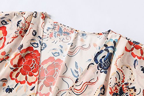olrain Women's Floral Print Sheer Chiffon 3/4 Bat Sleeve Casual Loose Kimono Cardigan Capes (Large, Red-1) - Thumbnail 2